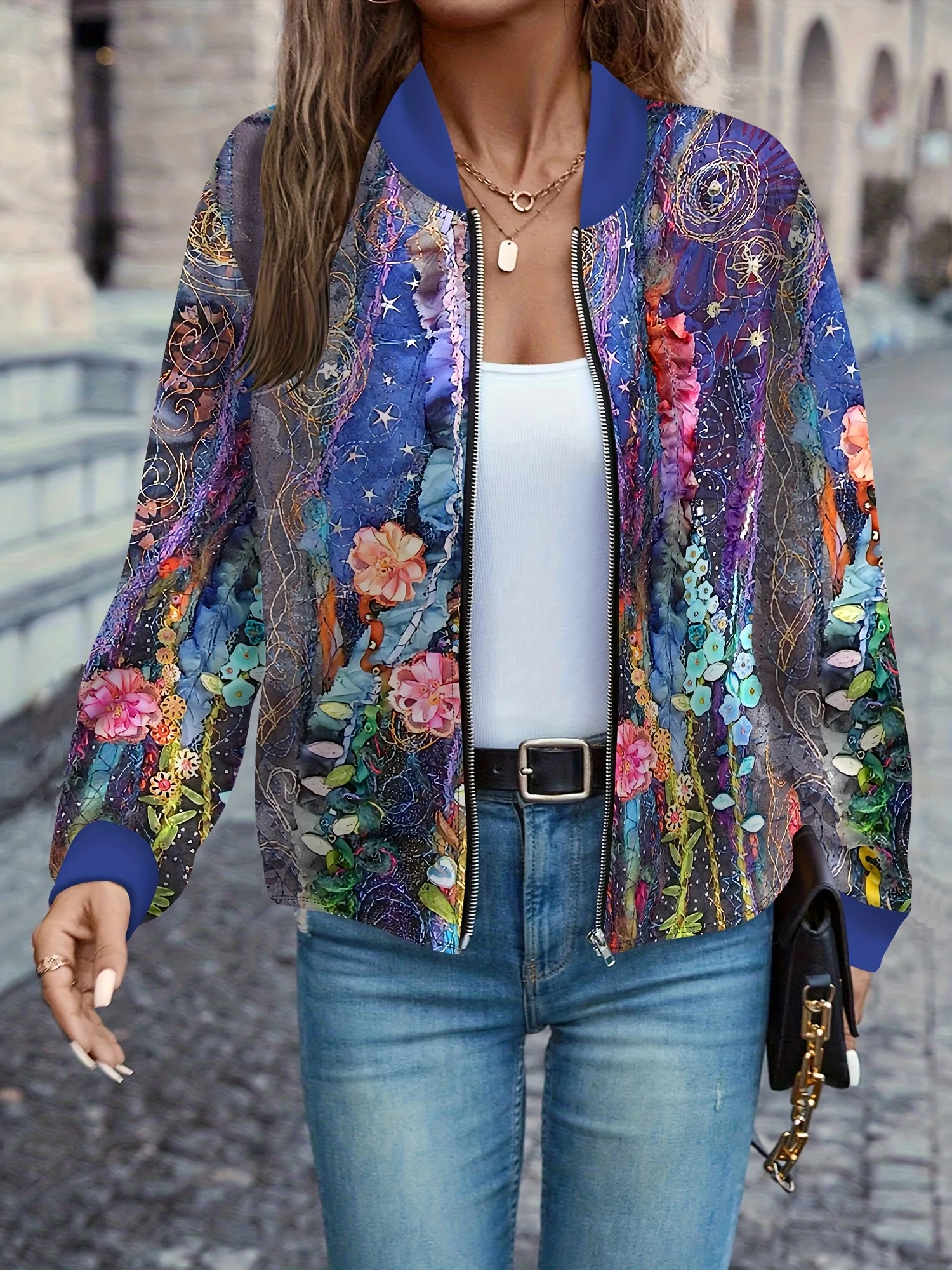 Women's 3D Floral Oil Painting Jacket, Vibrant Botanical Print, All Season Long Sleeve, Casual Elega