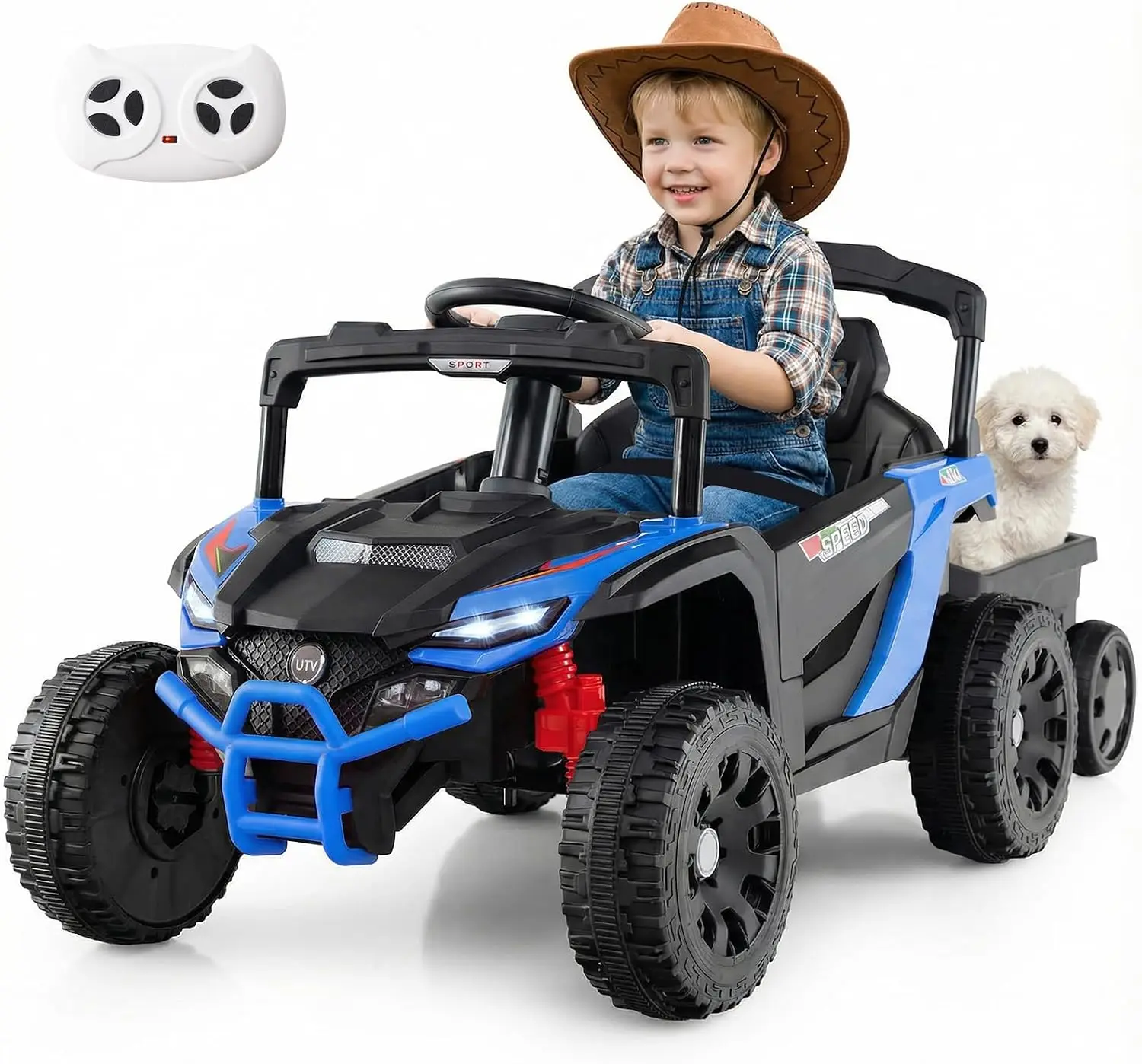 Blue 12V Battery Powered Off Road UTV Kids Ride On Car Detachable Trailer Electric Vehicle Remote Control 3 Speeds LED Lights Mu