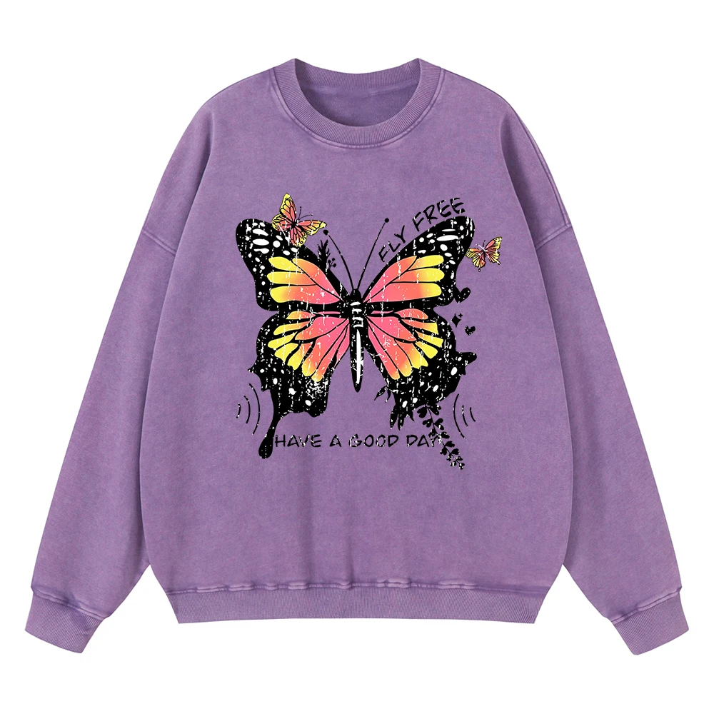 Vintage Distressed Washing Have A Good Day Butterfly Fly Free Men Hoodie Loose Clothes Casual Hoody Fashion Cotton Sweatshirt