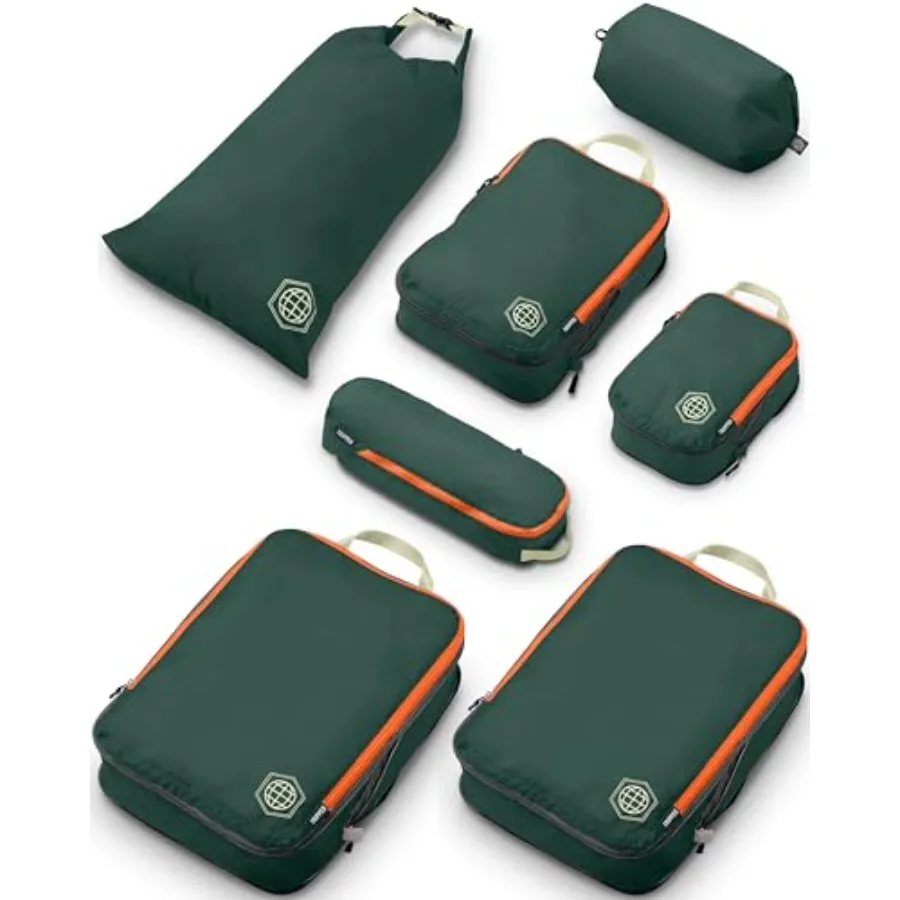 

Large Compression Packing Cubes for Travel - 7 Piece Set in Green/Orange for Checked Luggage Ultralight Expandable Compression