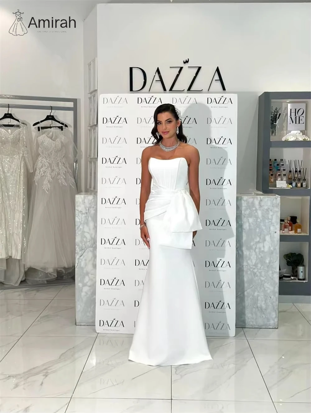 아미라 새틴 화이트 고급 여성 이브닝 드레스 럭셔리 2025 맞춤 제작 피쉬테일 우아한 가운 오프숄더 프롬 드레스