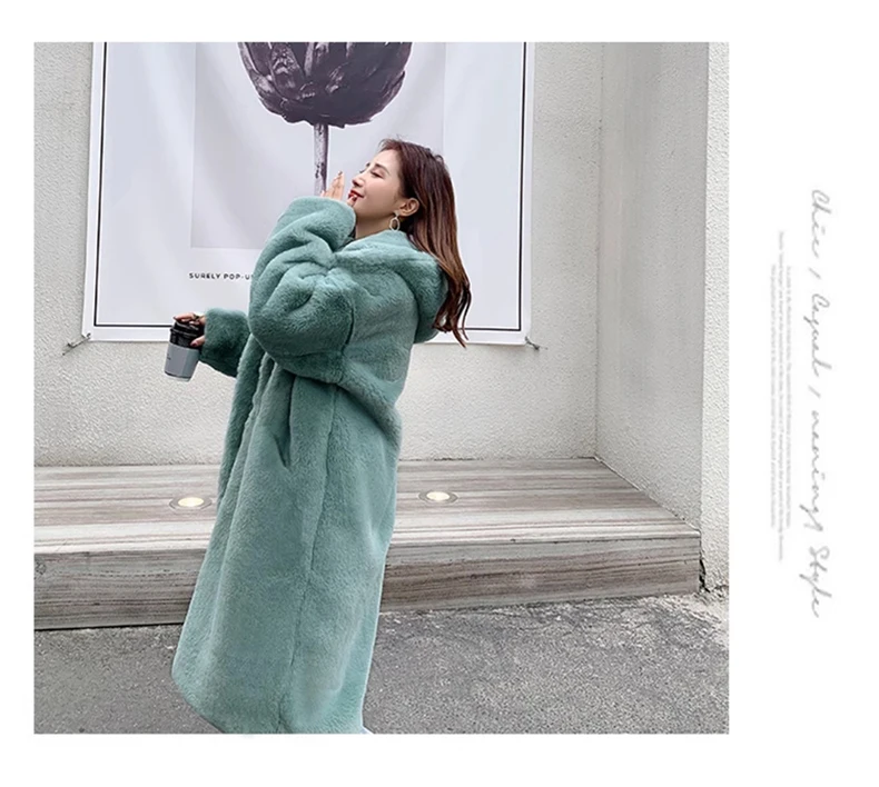 Lautaro Winter Long Loose Casual Windproof Soft Thick Warm Fluffy Green Black Faux Fur Coat Women with Hood Furry Overcoat 2023