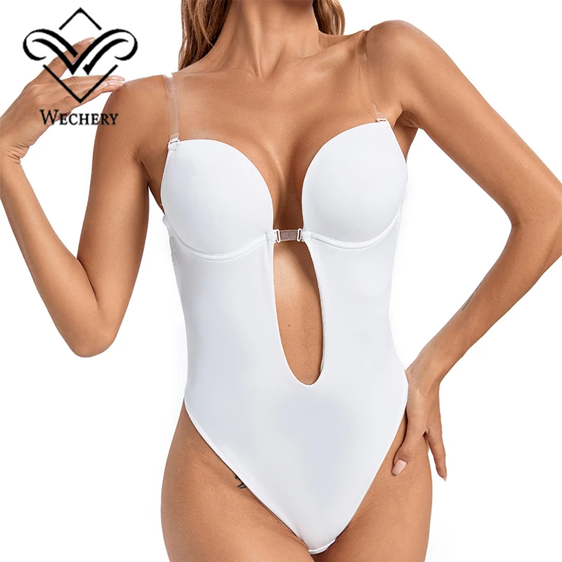 

Wechery Bodysuits Bralette Push up Bras for Women Sexy Backless Thong Invisible Plunge Bras for Dress Clear Strap Brassiere