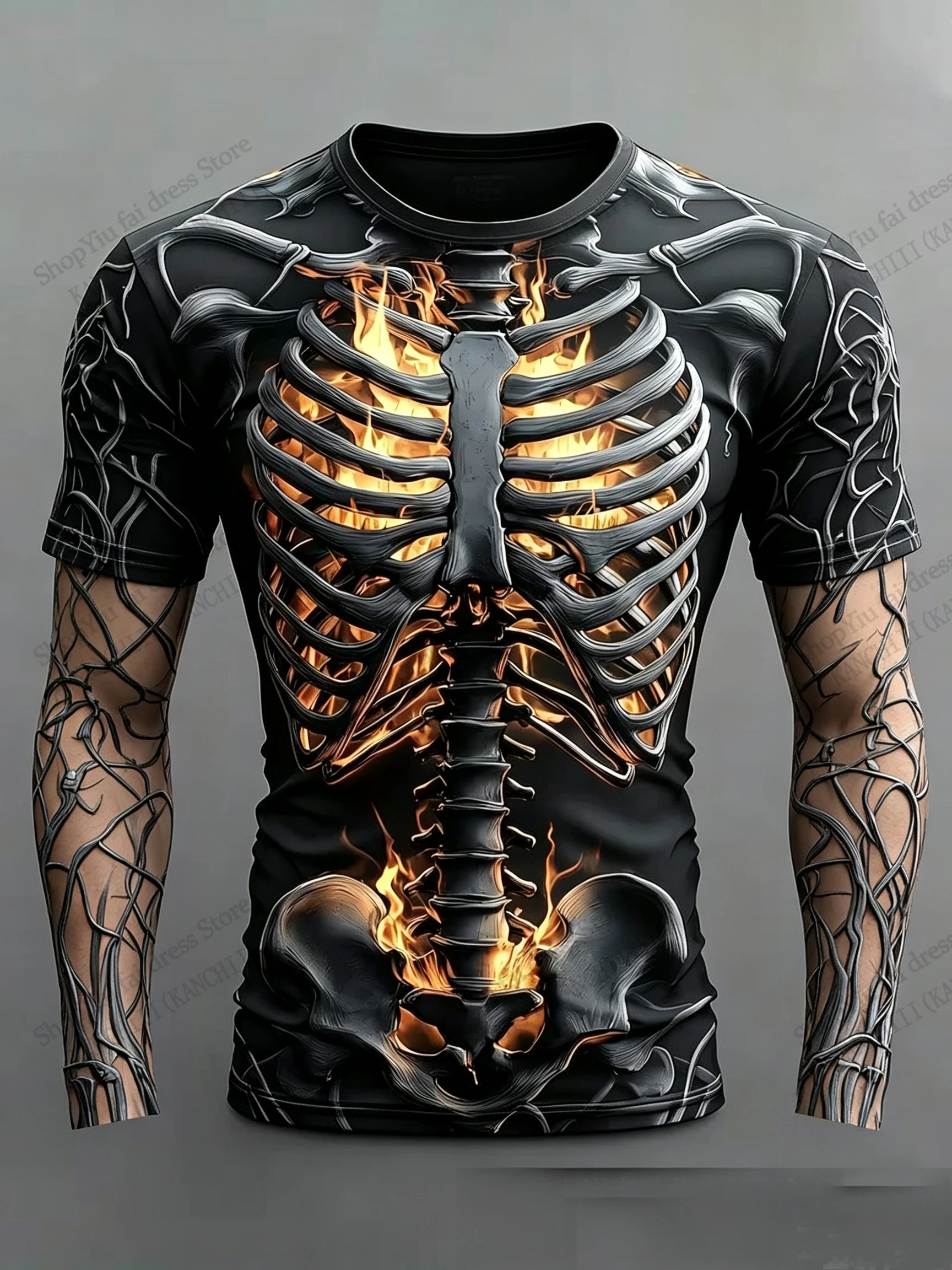 2026 New Halloween Skeleton 3D Print T-shirt Men Women Fashion Vintage Short Sleeve Tops Tee Men Clothing Skull Flame Body Shirt