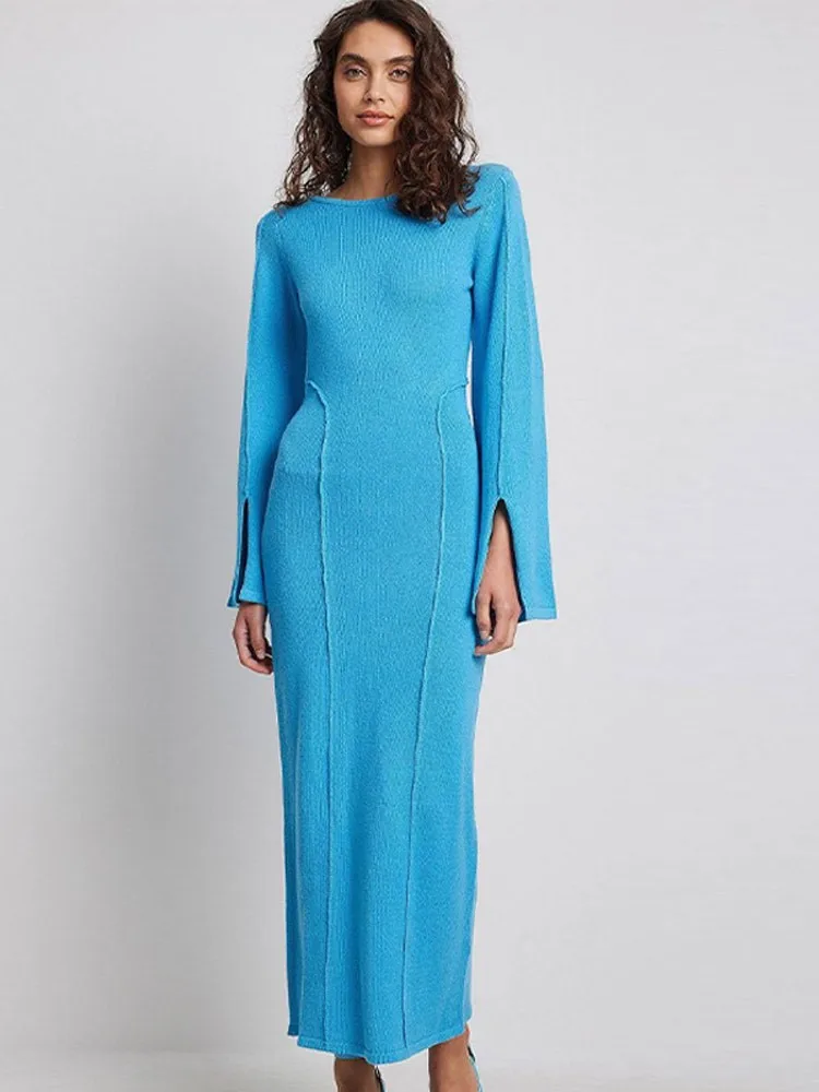 Fashion Blue Patchwork Women Knitted Maxi Dress Elegant O-neck Split Long Sleeve Slim Dresses 2023 Lady Solid Party Club Robe