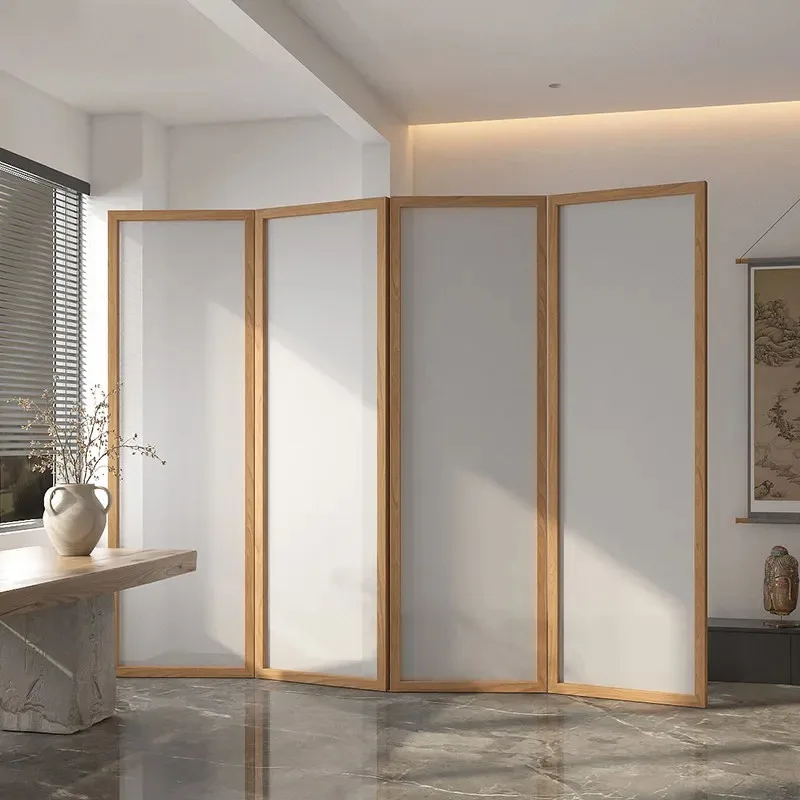 New Chinese-style solid wood screen partition is facing the door entrance, blocking the foldable mobile semi-transparent georget