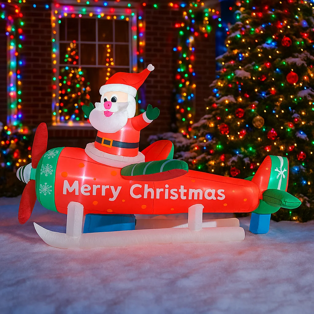 8.9FT Christmas Outdoor Party Toy Christmas Decorations Inflatable Santa Claus Airplane Toys Home Yard Ornaments with LED Decor
