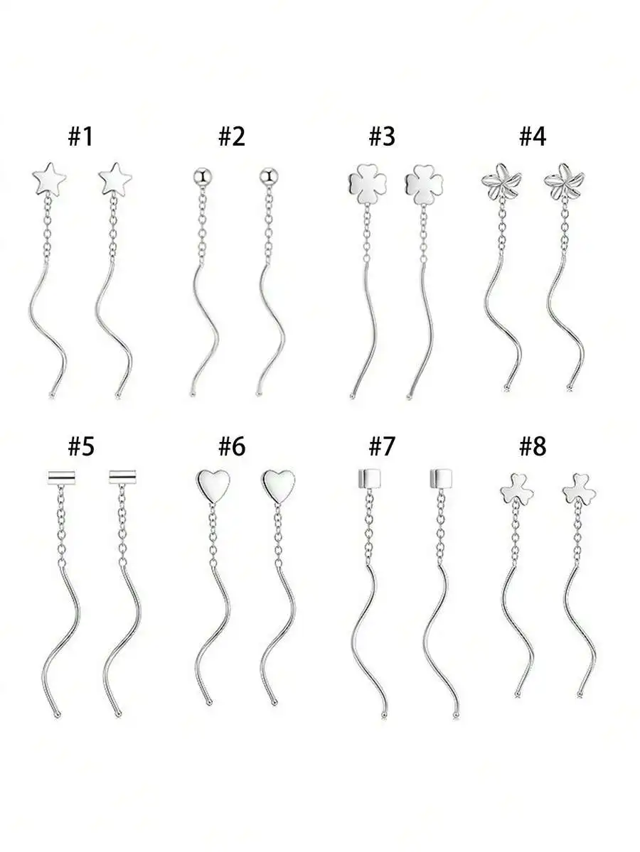 

S925 Sterling Silver Curved Navel Stud With Rhinestone Star, Heart, Clover, Flower, Cube, Ball On Wavy Chain Dangle For Women