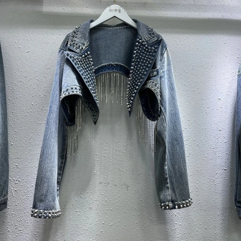 

2025 New Spring Fringe Rhinestone Studded Crop Top Women Denim Jacket Street Style Fashion Outerwear
