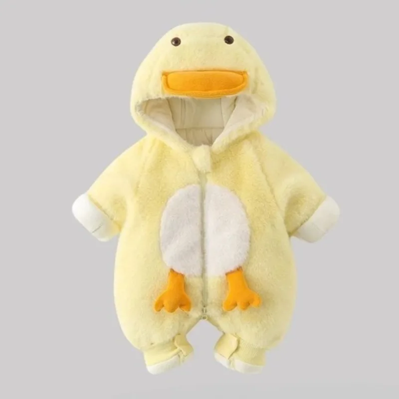 

MINISO 2025 New Infant Baby Duck Jumpsuit Cute Yellow Hooded Bodysuit Thinsulate Warm Suit Winter Season for Boys Girls Homewear