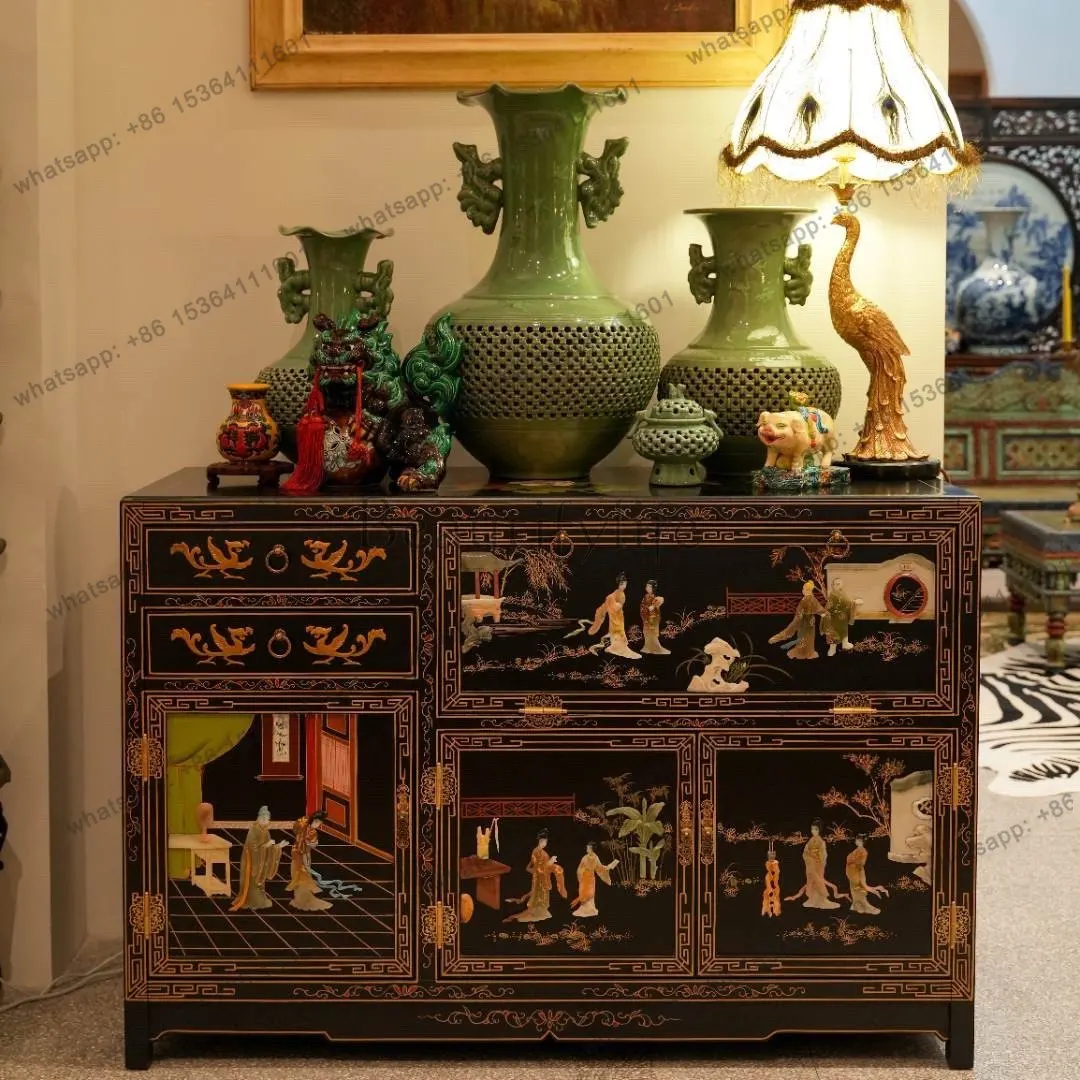 National style intangible cultural heritage lacquer art Yangzhou lacquer cabinet bone stone inlay carved partition cabinet