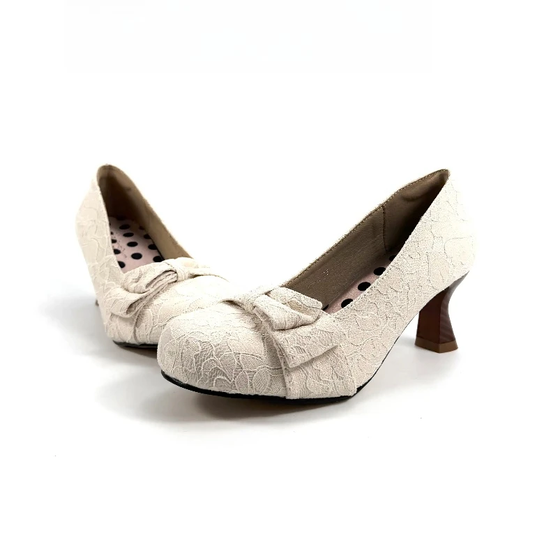 2026 New Sweet Cute Lolita Pumps, Vintage Jacquard Bow Goblet Heel Shallow Mouth Shoes, 6cm Elegant Women Daily Shoes Beige