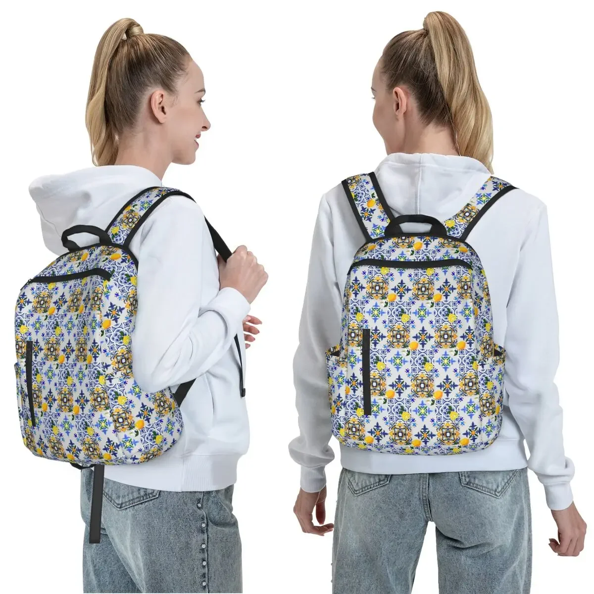 Majolica,Lemons,Sicilian Tiles,citrus,flowers,tiles,summer Backpack Daypack Children BookBag School Bag Shoulder Bags Men Women