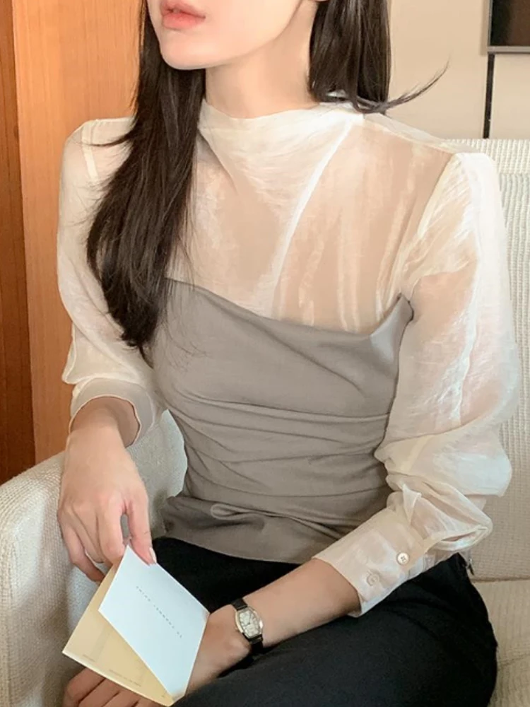 Ele emendado plissado ort irt feminino coreano sle fino ajuste chique transparente f gola alta longo sve topo