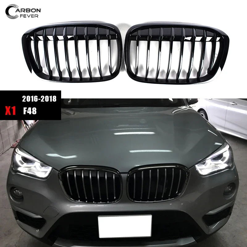 Car Front Bumper Grilles Kidney Racing Grill Fit for BMW X1 F48 2016-2018 Pre-Facelifted Double Slat Glossy Replacement Grille