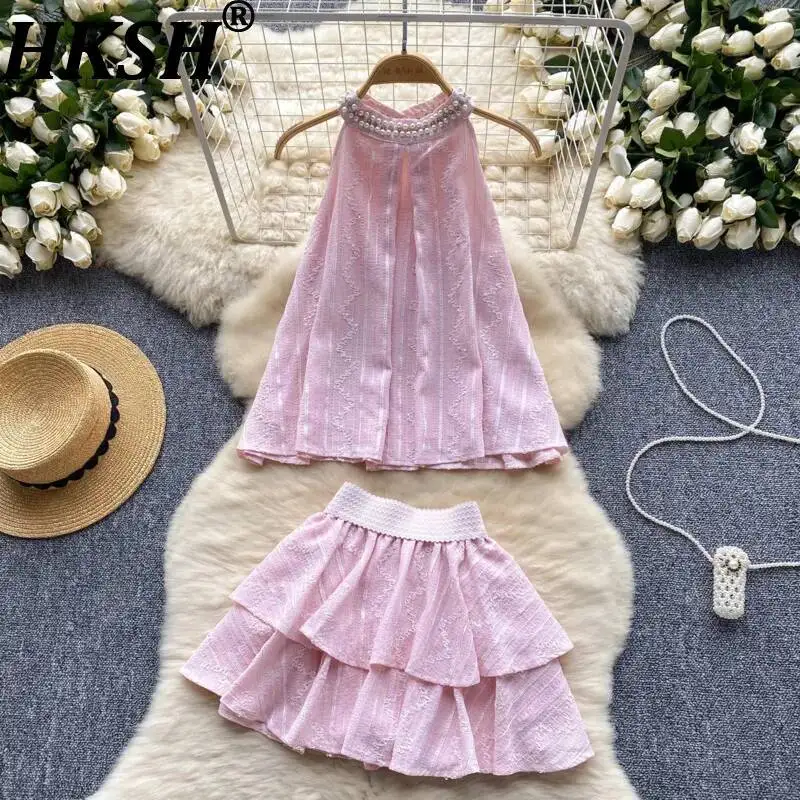 HKSH Women Sets Elegant Trendy Beaded Halter O-Neck Sleeveless Tank Top Sweet Ins Pleated Double-deck A-Line Skirt Two-piece Set