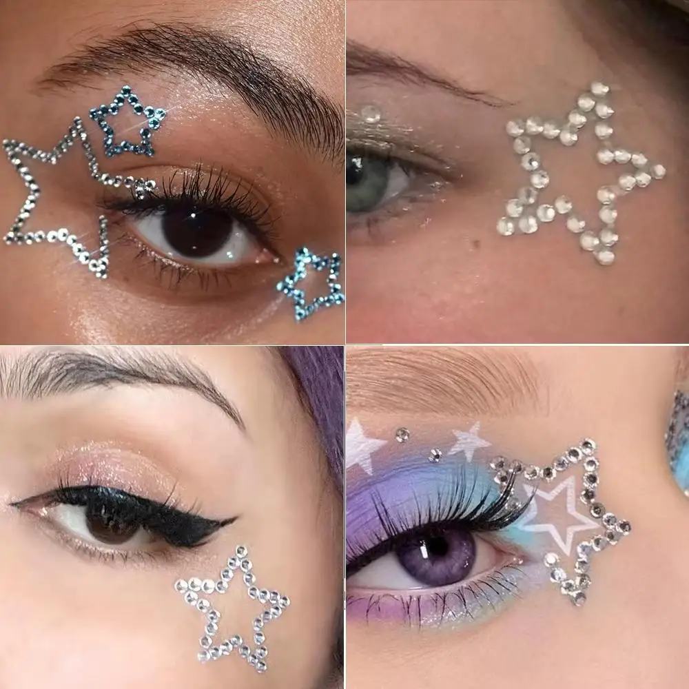 1Sheet 3D Star Face Diamond Stickers Self-Adhesive Shiny Transparent Rhinestones Face Gems Decals Pentagram Makeup Decorations
