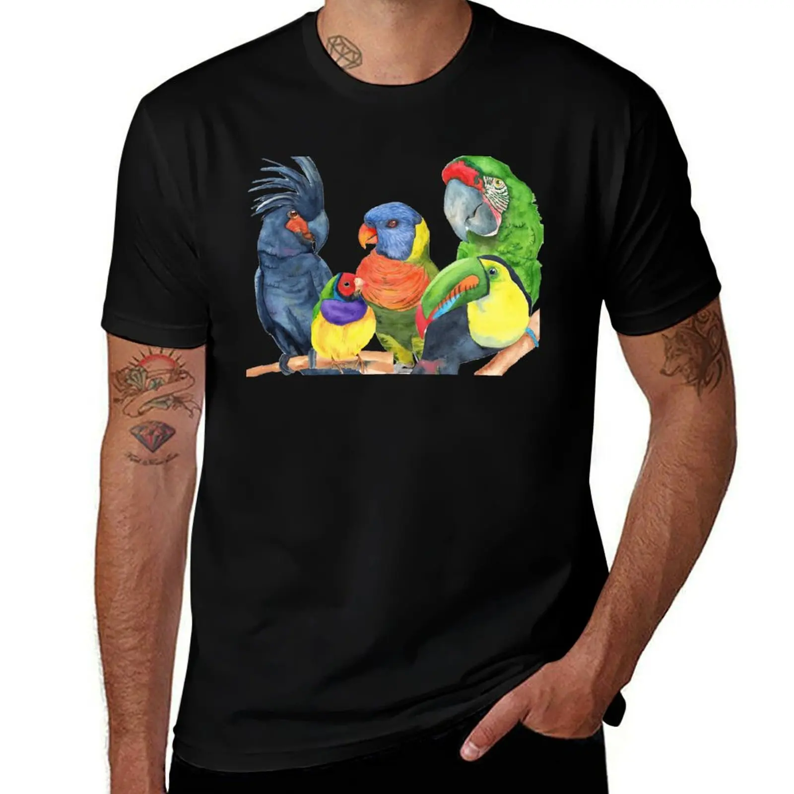 

parrots bird watercolor toucan finch lory, cockatoo, macaw T-Shirt Fashion Graphic Tee for Men