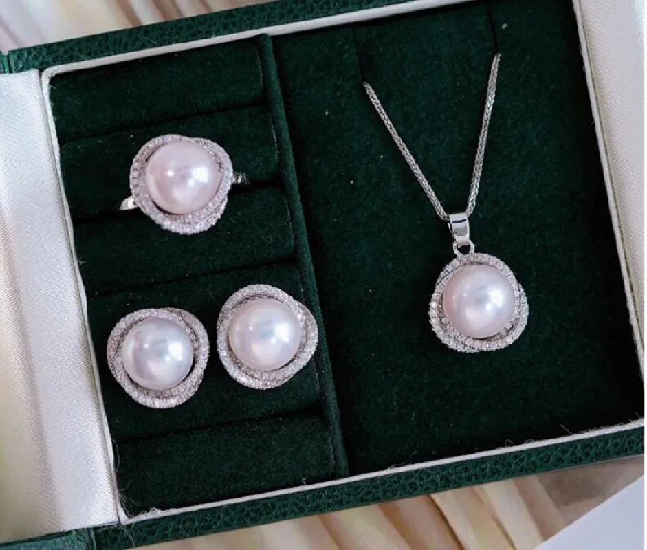 Gorgeous giant AAAA 10-11mm Nanhai white earrings Pearl pendant necklace ring set 925s ...