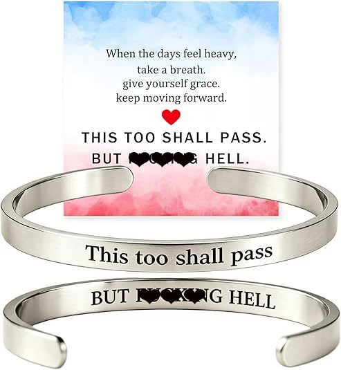 Dies wird auch vergehen Mantra-Manschettenarmband, aber die Hölle, versteckte Botschaft, graviertes Armband, inspirierendes Ermutigungsgeschenk für Frauen und Männer – Detail 4