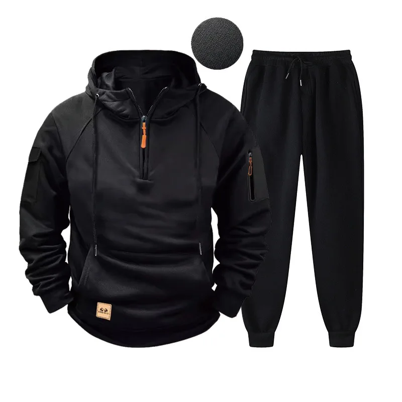 Cross-border new men\'s casual suit autumn and winter plus velvet arm zipper hoodie fashion personality sports pants + hoodie