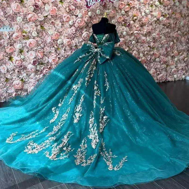 Customized Gliitering Emerald Green Quinceanera Dresses Bow Luxury Lace Beading Birthday Party Princess Vestidos De 15 Anos