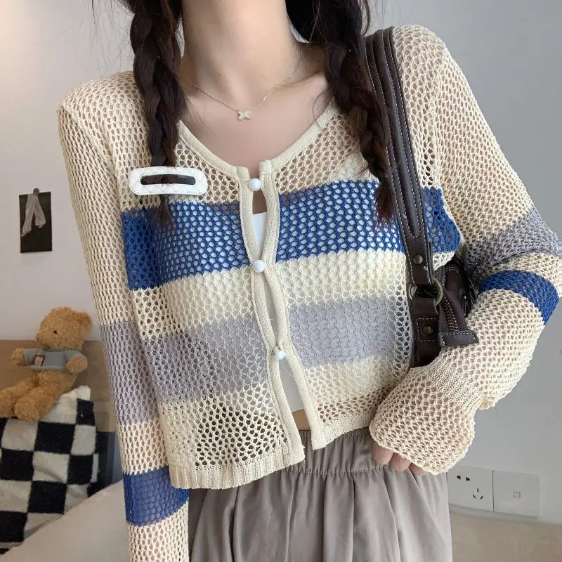 Women's Cardigan Knitted Shirt Splicing Hollowing Out Lace Up Long Sleeved Shirt High Quality Trendy Knitwear Coat Short Top