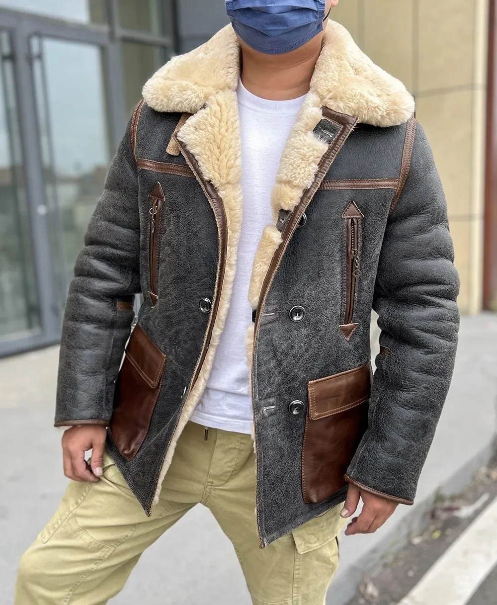 LNY SHop Best.Super thick shearling cloth.Mens 100% natural fur jacket.Winter warm 2cm wool real leather coat.Vintage show