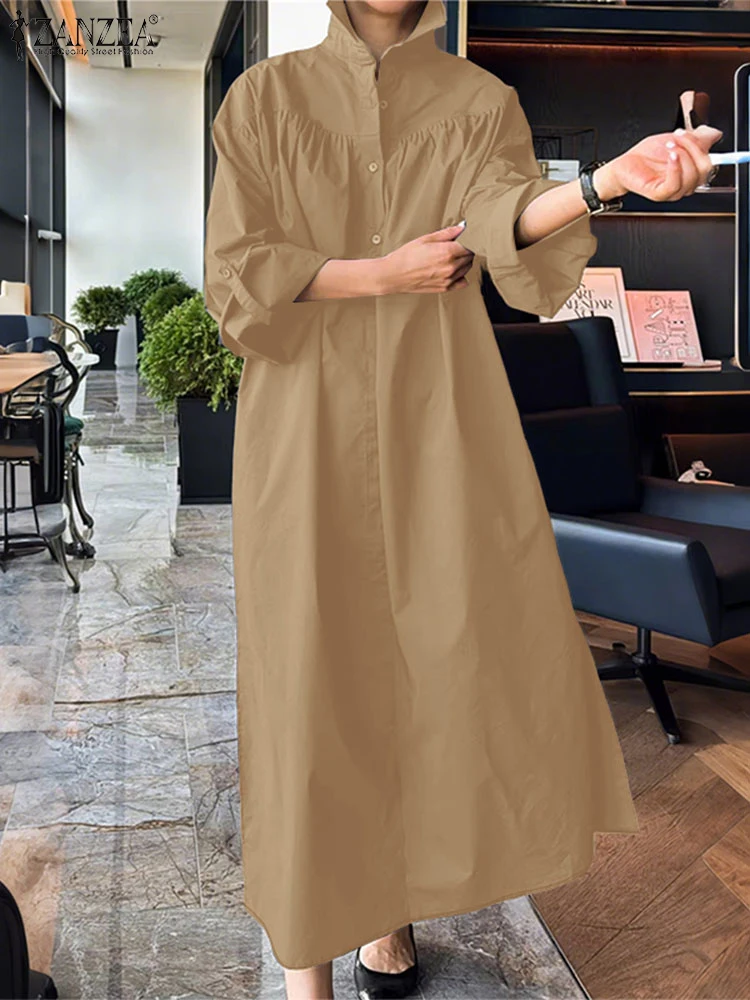 فستان قميص موضة الخريف من ZANZEA للنساء 2025 برقبة على شكل طية صدر وأكمام طويلة فستان صيفي ماكسي طويل رداء غير رسمي متين OL فساتين عمل فيستدو