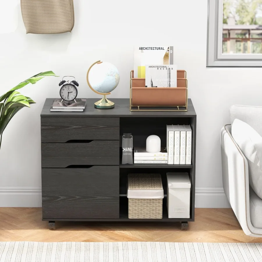 3 Drawer File Cabinet with Wheels and Open Storage Shelves for Home Office Black