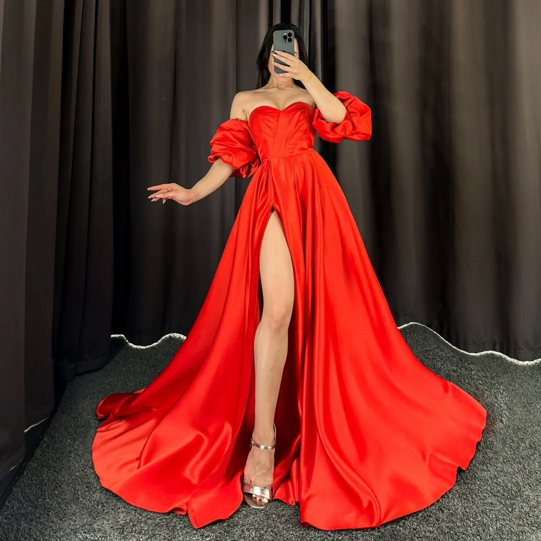 CustomizedCustomized Exquisite Satin A-Line Detachable Sleeve Evening Dresses Strapless Panel Train Bespoke Occasion Gowns Simpl