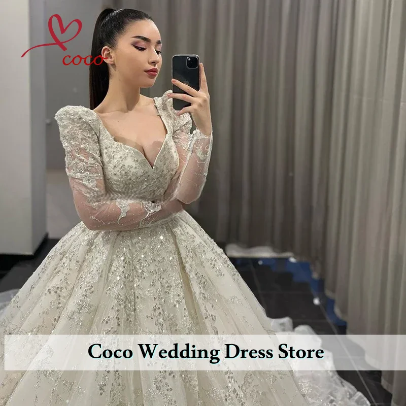 Customized Luxury Shining Wedding Dresses Lace Beading Ball Gown Square V-Neck Full sleeve Bride Dress Vestido De Novia