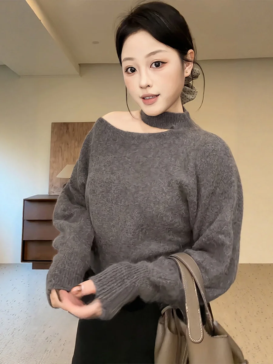 

Korean Sle Long Sve Knitted oulder Bared Women's Top Ne Hanging Loose Fit Comfortable mid Weight Knitwear for Autumn...