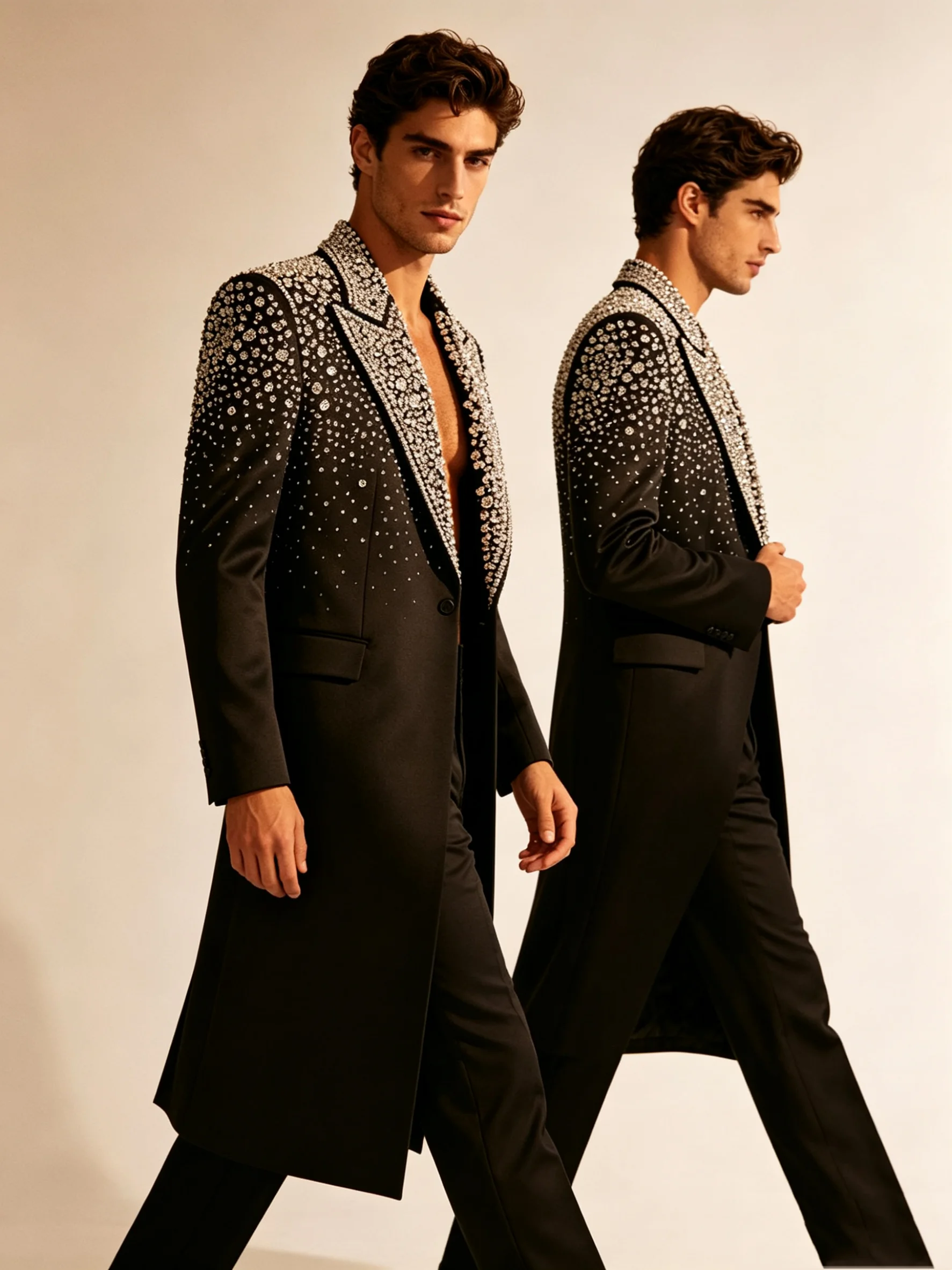 Formal Wear For Men Black Suit - Black Crystals Long Men Suit Set
