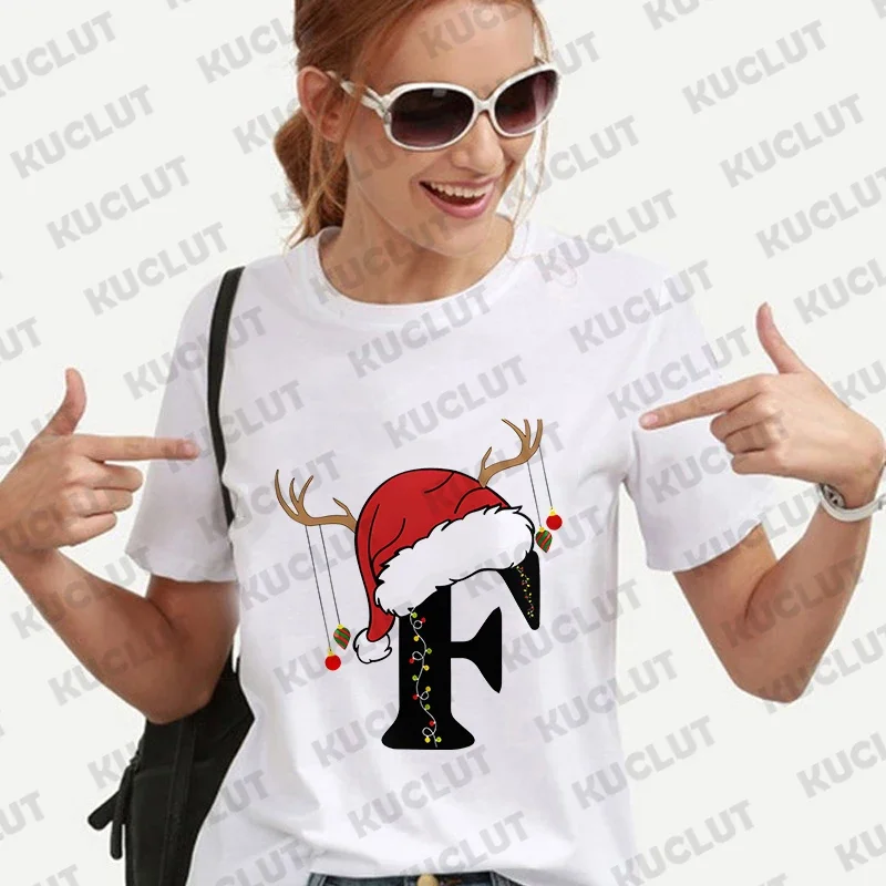 Family Matching Christmas T-Shirt Women Clothing Fashion 26 Alphabet Letters Printed Graphic Tops Streetwear Short Sleeve Tees