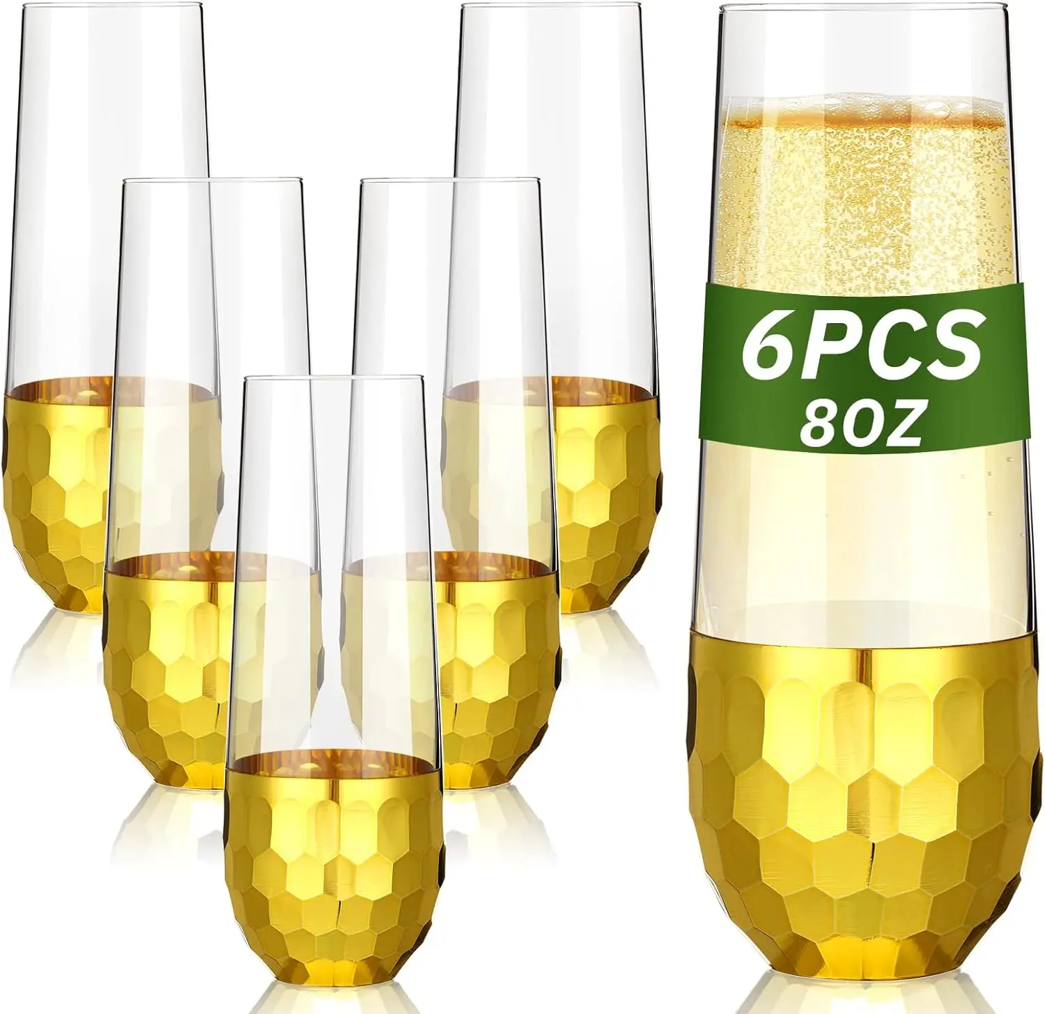 

6 Pack Gold Stemless Champagne Flutes 8 oz, Hammered Brass Plated Bottoms - Wine, Mimosa & Cocktail Glasses for Wedding, Birthda