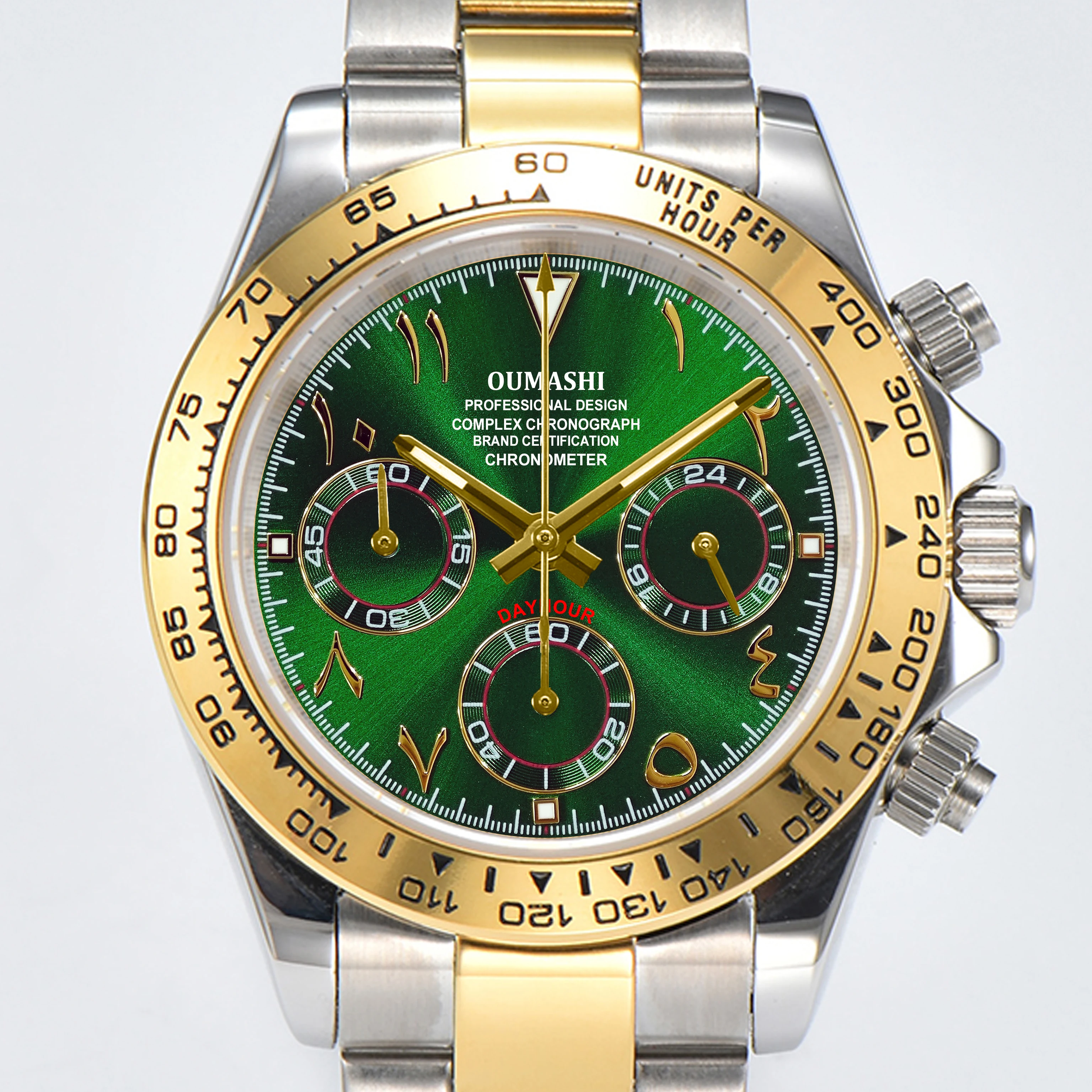 OUMASHI 42 mm goldene Herren-Chronographenuhr mit arabischen Ziffern, VK63, Quarzwerk, C3, leuchtendes, wasserdichtes Saphirglas 7