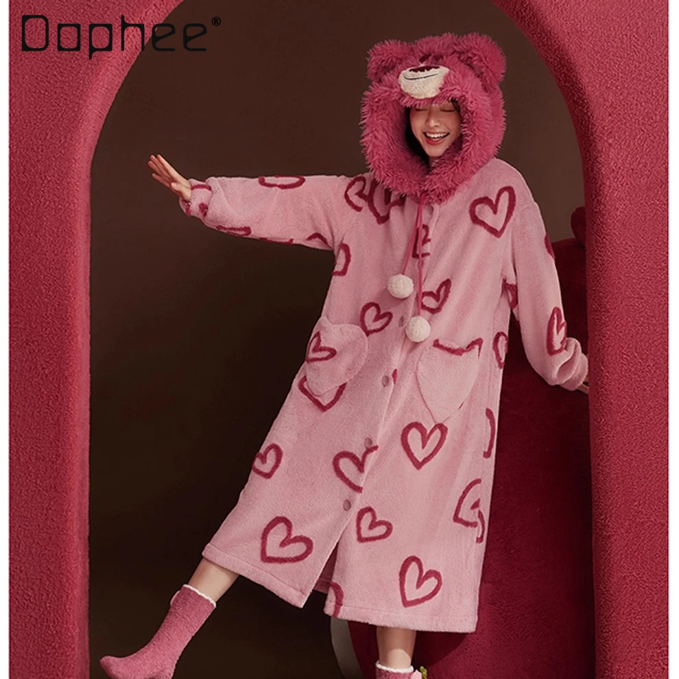 

Bear Nightgown Women's Autumn and Winter Coral Fleece Cute Hooded Loungewear Thermal Pajamas Love Patterned Nightgown