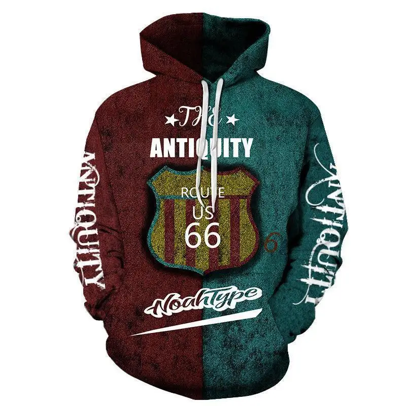 Vintage Men's Hoodie Route 66 Print Sweatshirts Harajuku Hooded Shirt Pullover Casual Y2k Clothes Streetwear Top Men's Clothing