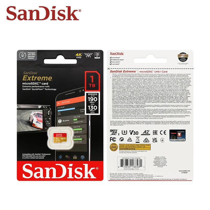 Карта памяти SanDisk TransFlash Extreme A2 U3 V30 microSDXC 1 ТБ 512 ГБ 256 ГБ 128 ГБ 64 ГБ Карта цифровой памяти с памятью до 190 МБ/с