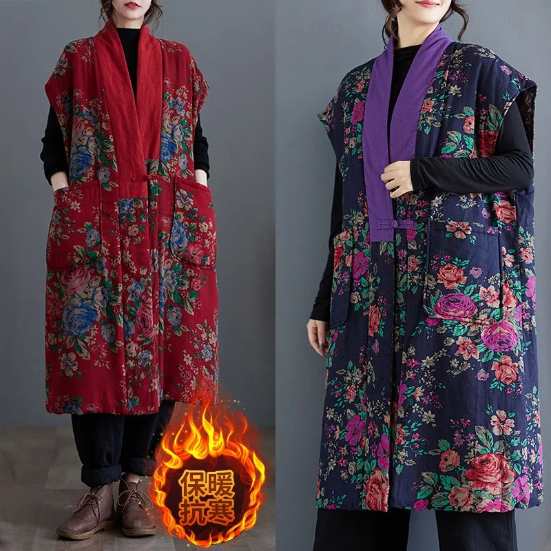 

Thiened Floral Embroidery Cotton Vest Outerwear Women's Winter Jaet Mid-Length Svel National Sle Commute Sle