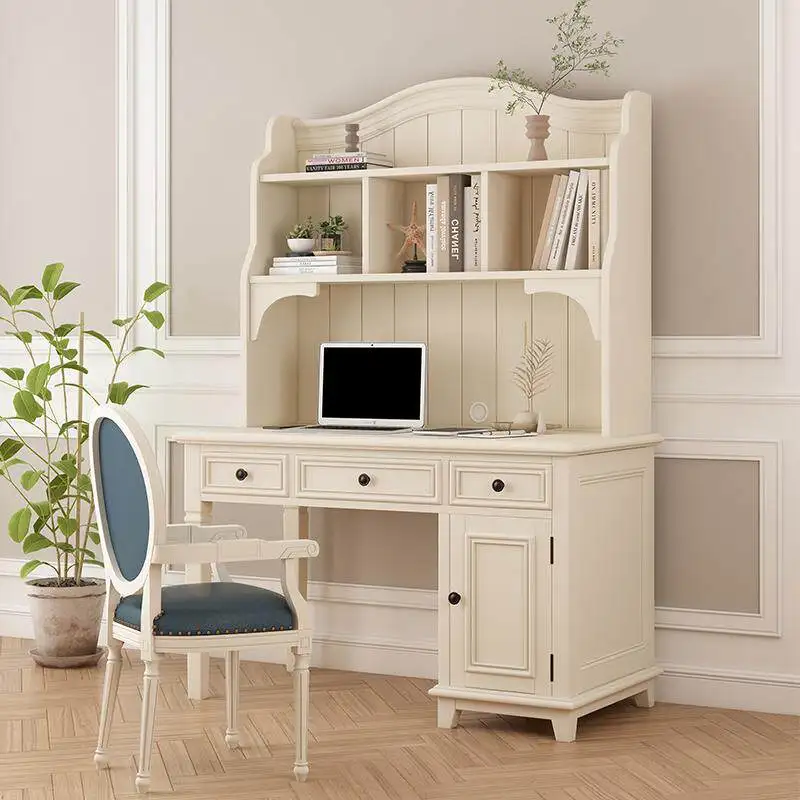 2026 new solid wood desk bookshelf integrated combination American home study table beige bedroom furniture
