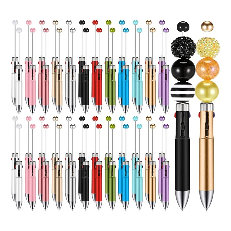 50Pc Plastic Beaded Pens Bulk Multicolor Cute 1.0Mm Beaded Pens 4-In-1 Beaded Ballpoint Pens Making Graduation Supplies