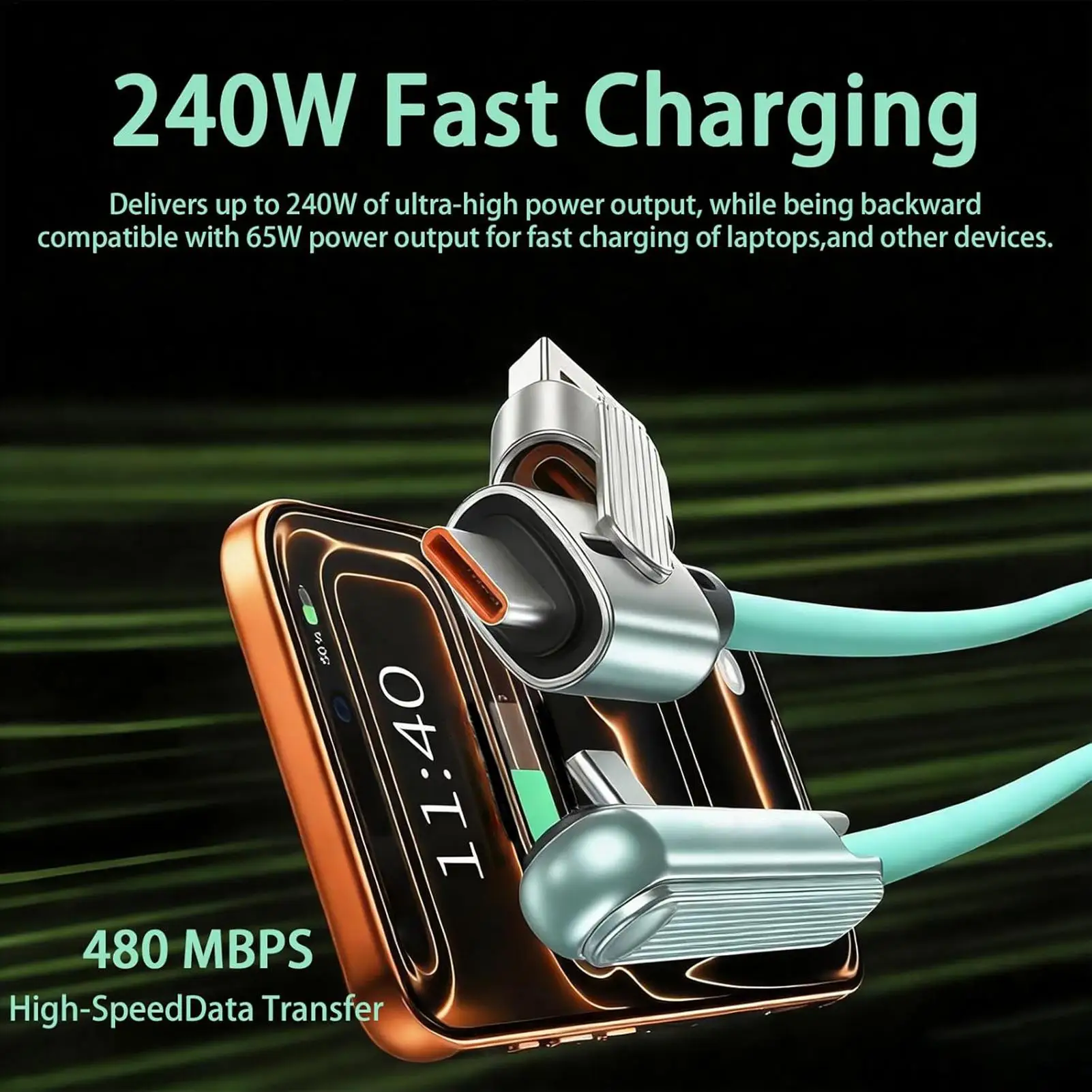 2-in-1 invisible charging cable with USB-A/USB-C to Type-C dualhead design features a 240W side-mounted phone charger for Travel