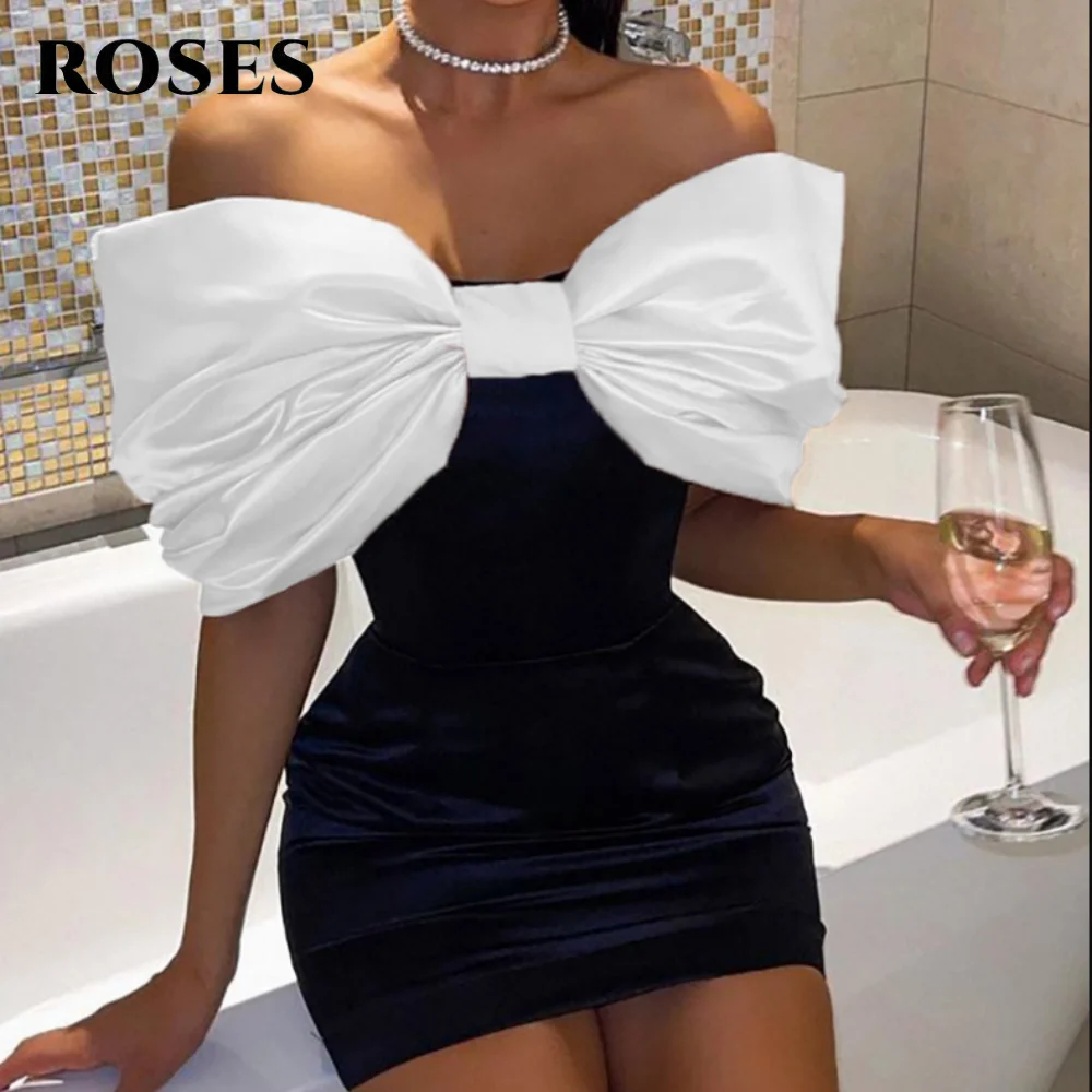 

ROSES Simple Black Homecoming Dress Big Bow Off Shoulder Night Dress Pleats Satin Short Evening Celebrity Dresses Customized