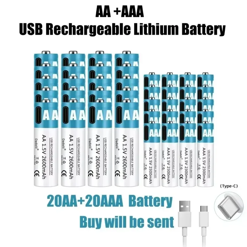 AA AAA Battery 1.5V rechargeable Battery 2600mAh rechargeable lithium ion battery AA 1.5V USB fast charging