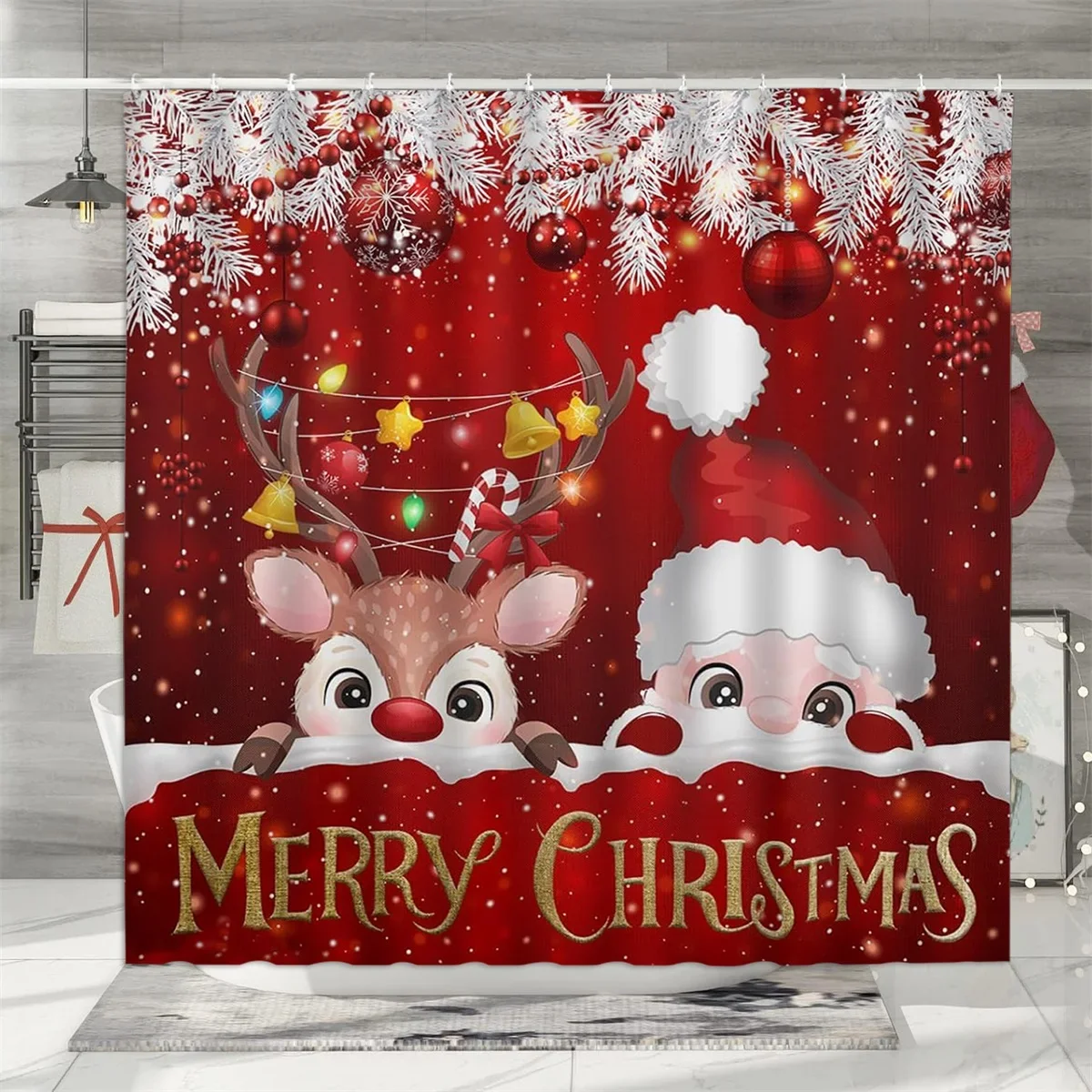 Christmas Shower Curtain, Winter Holiday Farm Snowman Santa Claus Christmas Tree Farmhouse Christmas Balls Bathroom Decorations