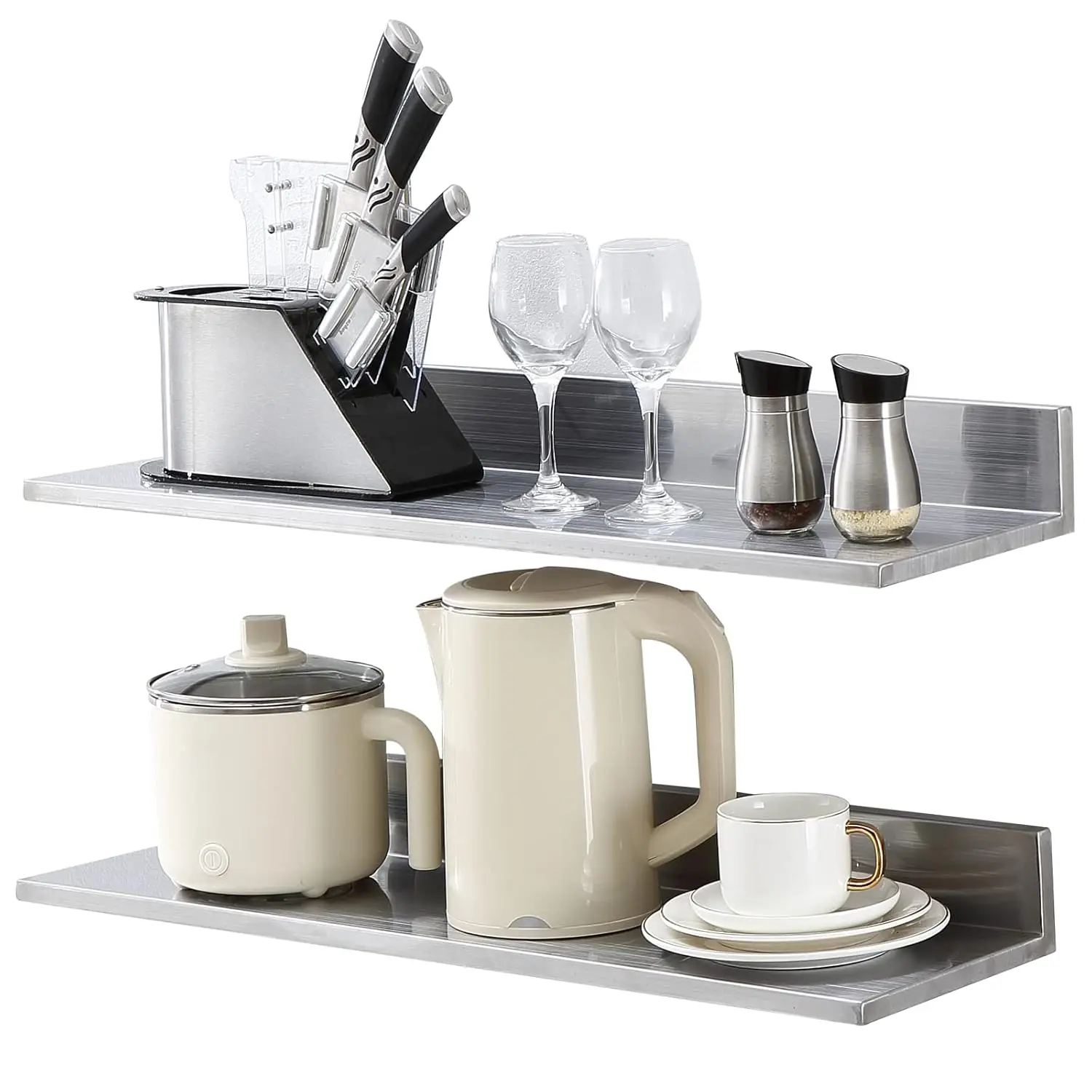 

8.6" x 30" -2 Pack Stainless Steel Shelf, Wall Mounted Floating Shelving with Backsplash,44 lbs Load Capacity Commercial Shelves