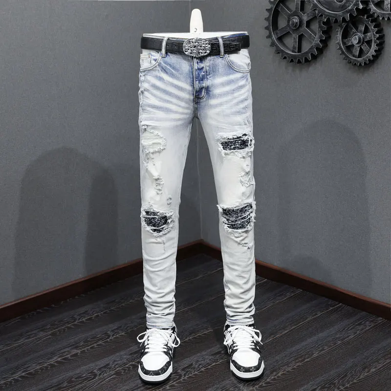 

Designer fashion new light blue men's jeans, patchwork black patch elastic slim fit retro jeans, high street chic brand pants, h