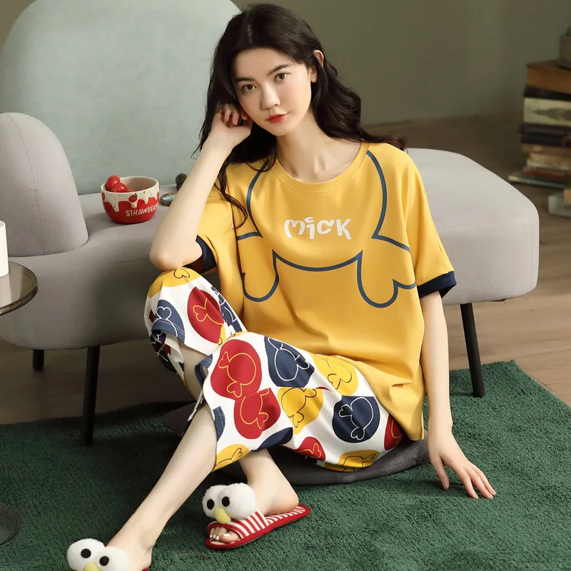 Summer Pajamas for Women Loose Soft Printed Sleepwear Casual Calf-length Fashion Breathable All-match Korean Style Classic Mujer